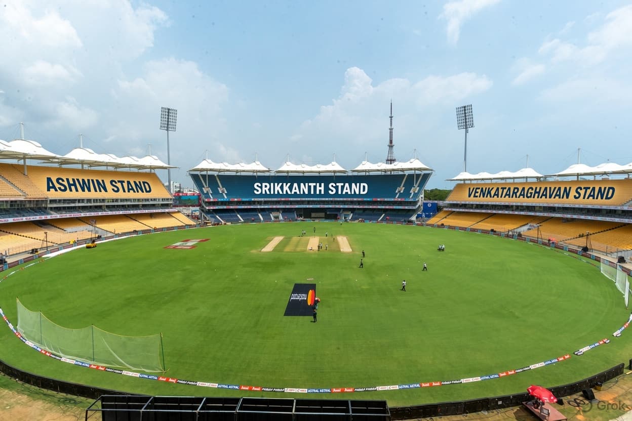 Supplied edited visualisation of Chepauk with the proposed stand names. Signage, spelling and locations shown are illustrative, not a verified stadium layout.