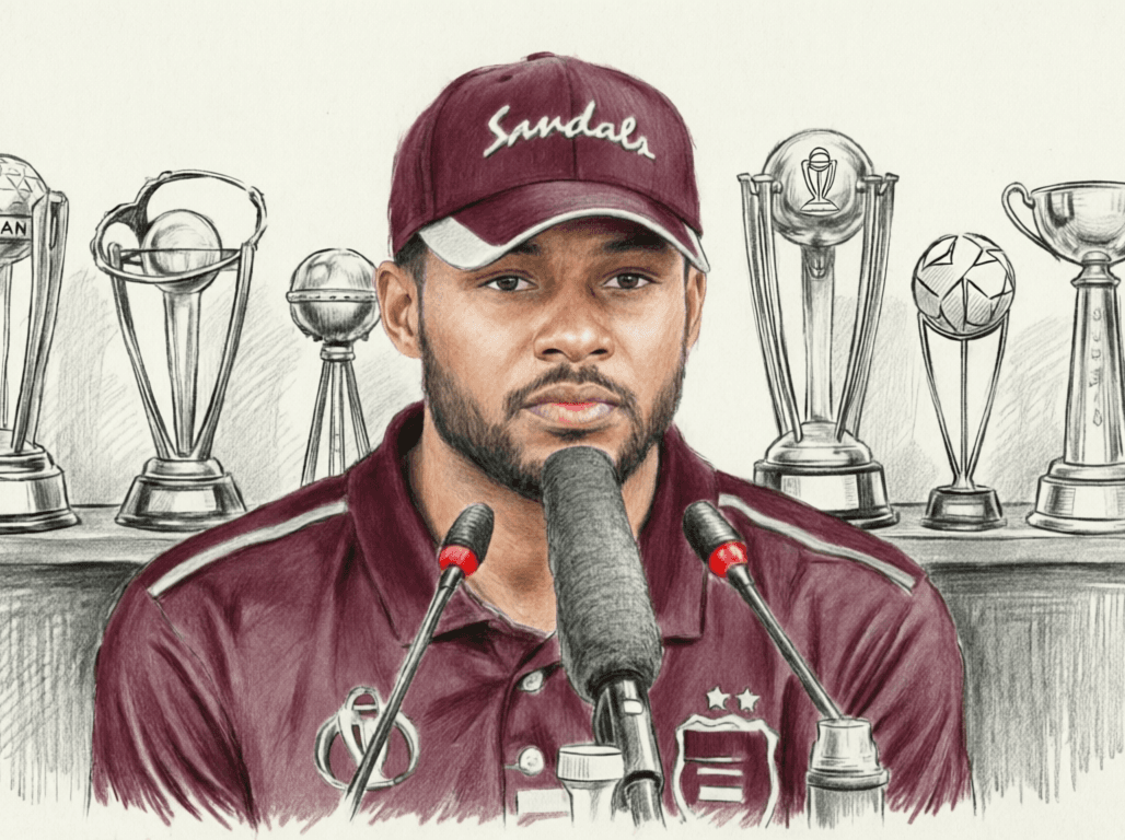 Illustration of Shai Hope at a press conference with cricket trophies behind him